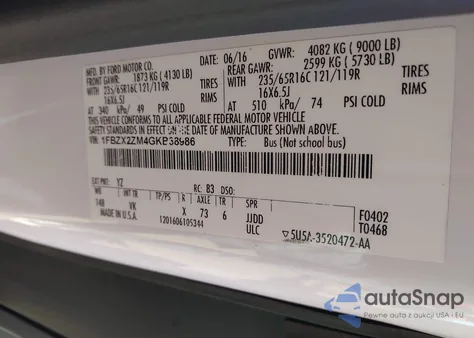 2016 Ford Transit-350 Xl from USA, damaged, VIN 1FBZX2ZM4GKB38986